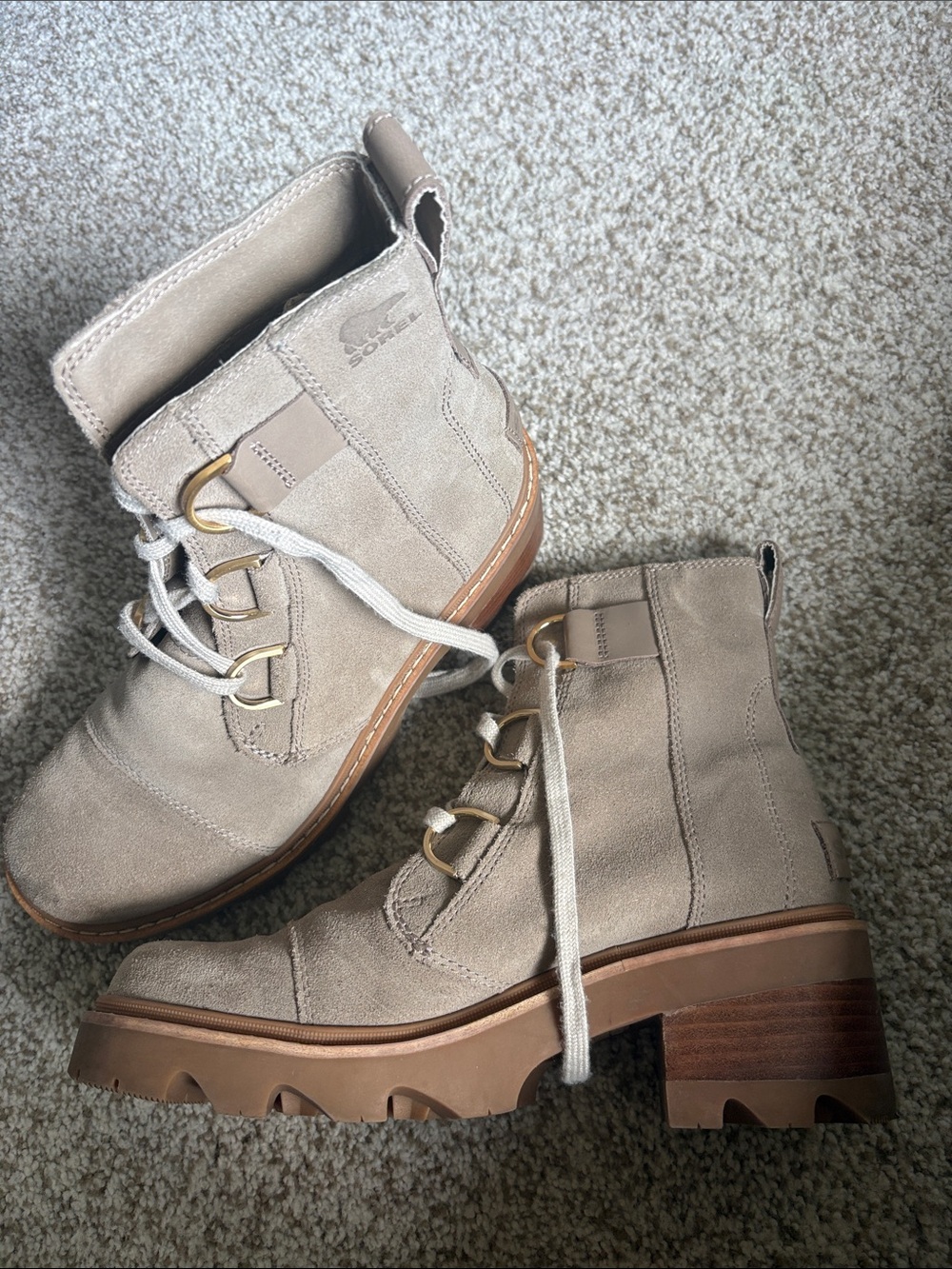 Sorel Taupe Suede Lace-Up Chunky Heel Ankle Boots
